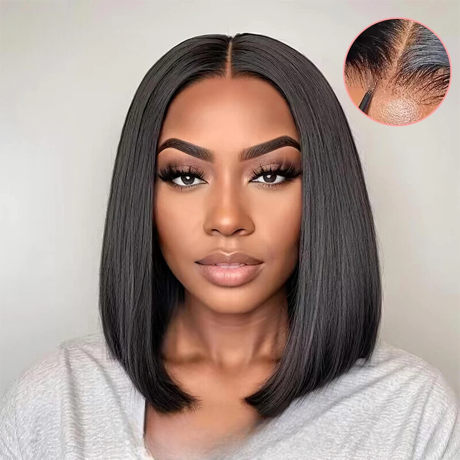 Black | Bob Wig | Straight | Human Hair | Side Part | Frontal Bob Wig | Glueless Short Bob Closure Wigs | Lace Area 13X4 Frontal Wig | 180 Density