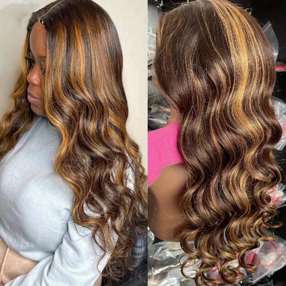 Dark Brown | Honey Blonde Colored | Water Wave | Luxury HD Lace Front Wig | Human Hair | Lace Area: 13X4 | Density: 250% - Womenesyé