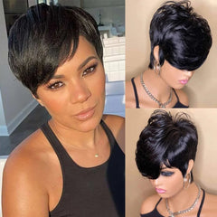 Black | Short Pixie | Cut Remy Human Hair | Wigs Ready To Wear Glueless | Straight | Bob Wig With Bangs - Womenesyé