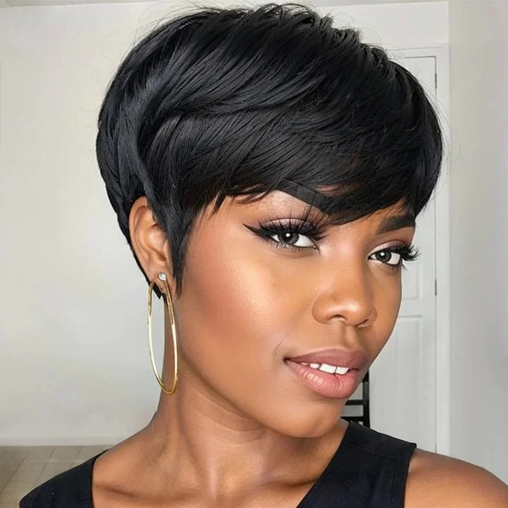 Black | Short Pixie | Cut Remy Human Hair | Wigs Ready To Wear Glueless | Straight | Bob Wig With Bangs - Womenesyé