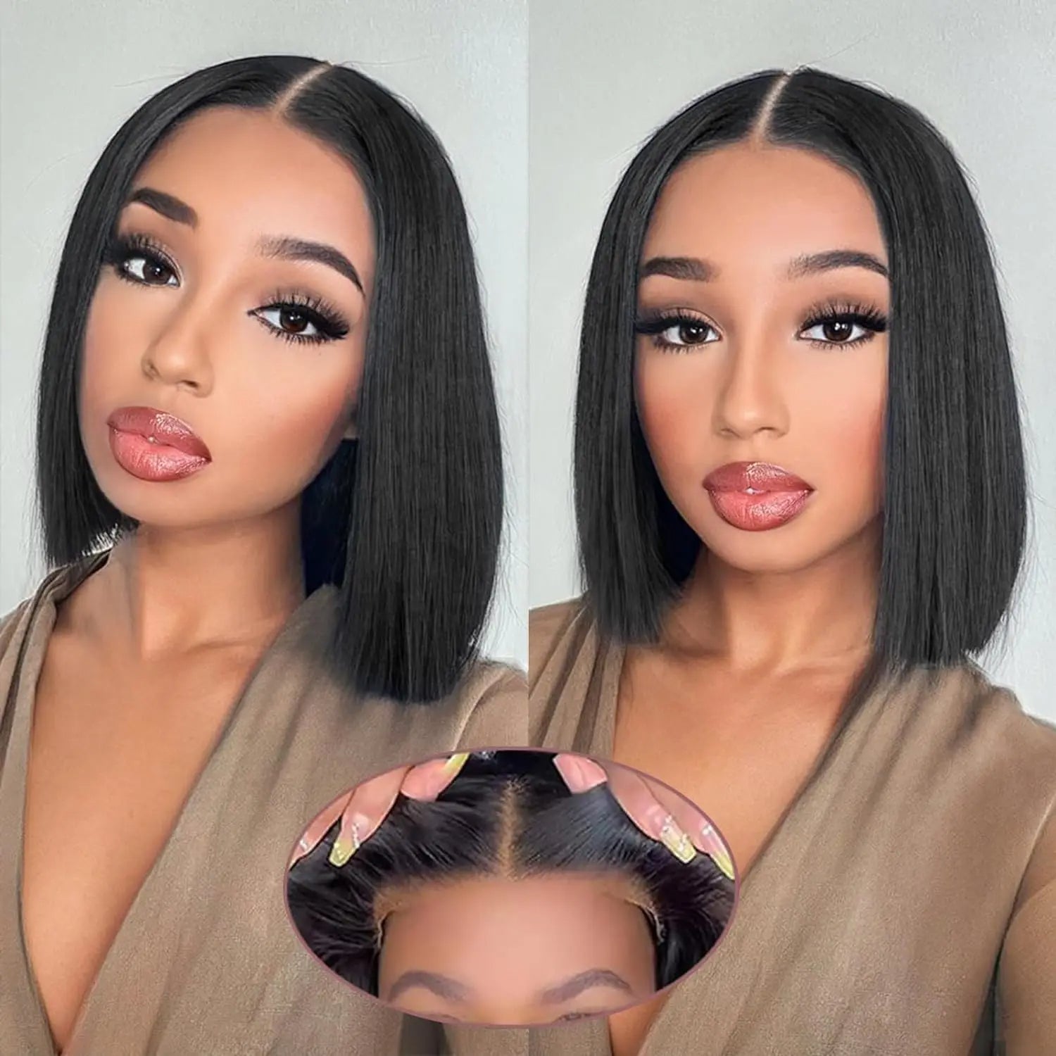 Black | Bob Wig | Straight | Human Hair | Side Part | Frontal Bob Wig | Glueless Short Bob Closure Wigs | Lace Area 13X4 Frontal Wig | 180 Density