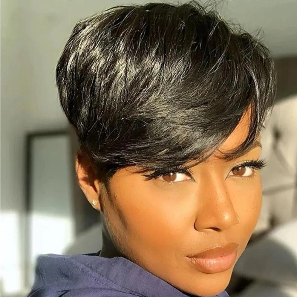 Black | Short Pixie | Cut Remy Human Hair | Wigs Ready To Wear Glueless | Straight | Bob Wig With Bangs - Womenesyé