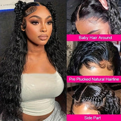 Black | Water Wave | Premium HD Lace Front Wig | Human Hair | Natural Hairline | Lace Area: 13x4 | Density: 180% - Womenesyé