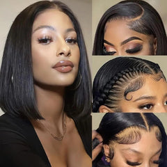 Black | Bob Wig | Straight | Human Hair | Side Part | Frontal Bob Wig | Glueless Short Bob Closure Wigs | Lace Area 13X4 Frontal Wig | 180 Density - Womenesyé