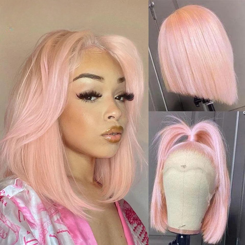 Light Pink | Colored Lace Frontal Wig | Short Pink | Straight Bob | Brazilian Remy | Human Hair | Lace Area 13X5 13X4 | Density: 150% 180% - Womenesyé