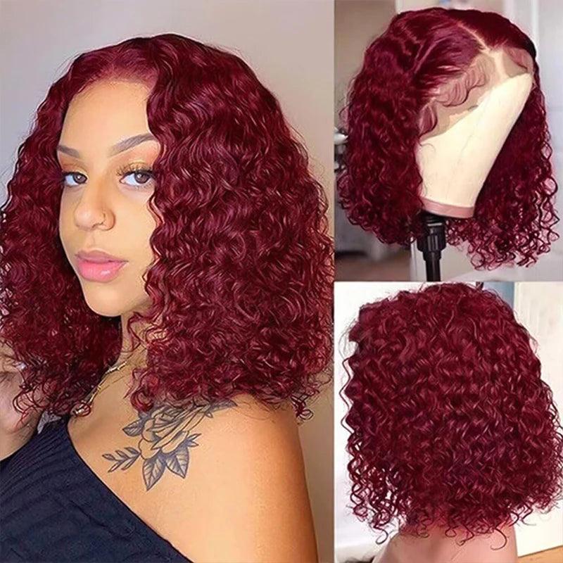 Red / Burgundy | Water Wave | Curly Bob Wig | HD Lace Front Wig | Human Hair | Wigs 99J Burgundy Short | Lace Area: 13X4 | Density: 180% - Womenesyé