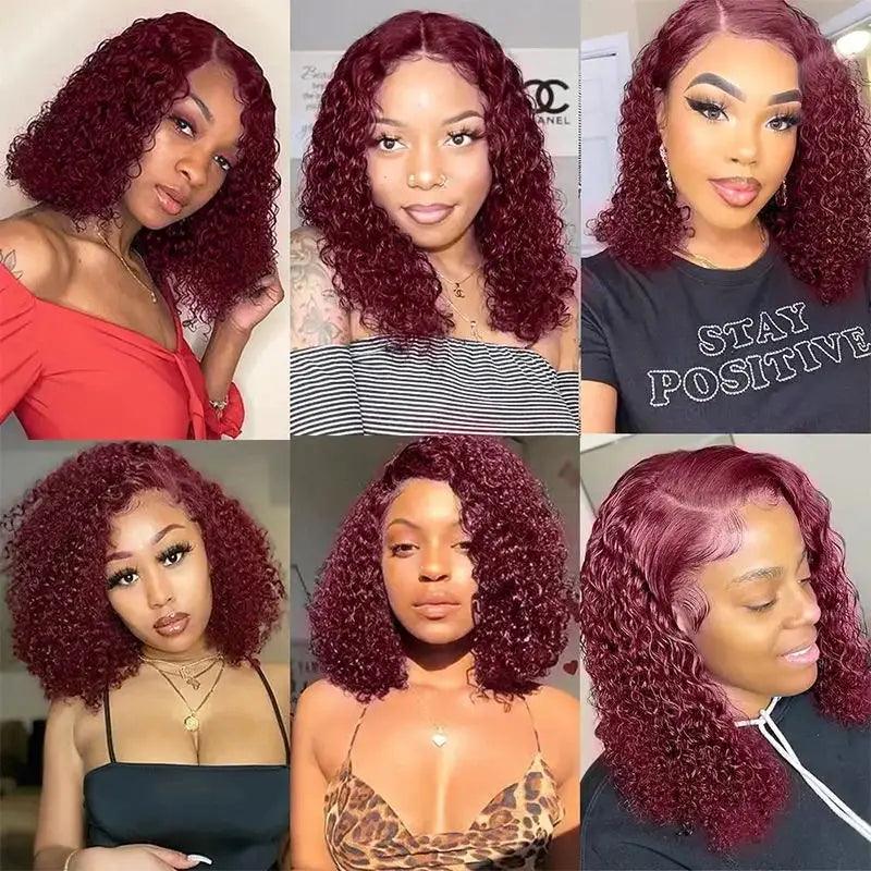 Red / Burgundy | Water Wave | Curly Bob Wig | HD Lace Front Wig | Human Hair | Wigs 99J Burgundy Short | Lace Area: 13X4 | Density: 180% - Womenesyé