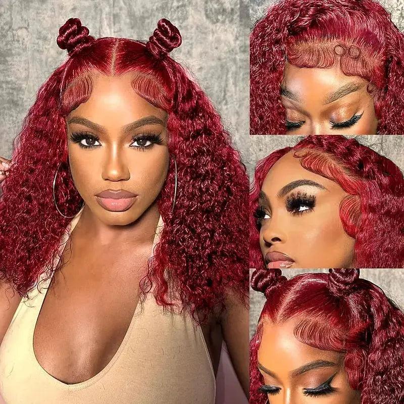 Red / Burgundy | Water Wave | Curly Bob Wig | HD Lace Front Wig | Human Hair | Wigs 99J Burgundy Short | Lace Area: 13X4 | Density: 180% - Womenesyé