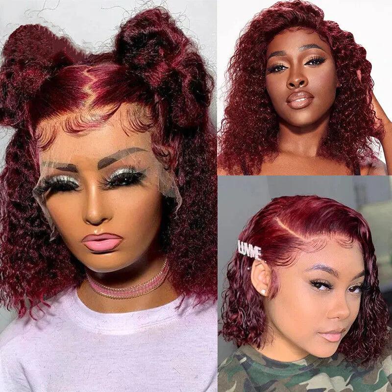 Red Burgundy | Short Bob | Wigs 99J | Curly Bob Wig | Premium HD Lace Wig | Human Hair | Swiss Lace | Wig Type : 13X4 | Lace Wig Type :  4X4 Lace Closure Wig - Womenesyé