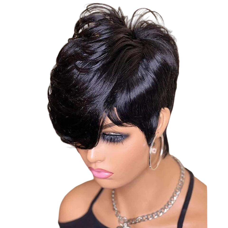 Black | Short Pixie | Cut Remy Human Hair | Wigs Ready To Wear Glueless | Straight | Bob Wig With Bangs - Womenesyé