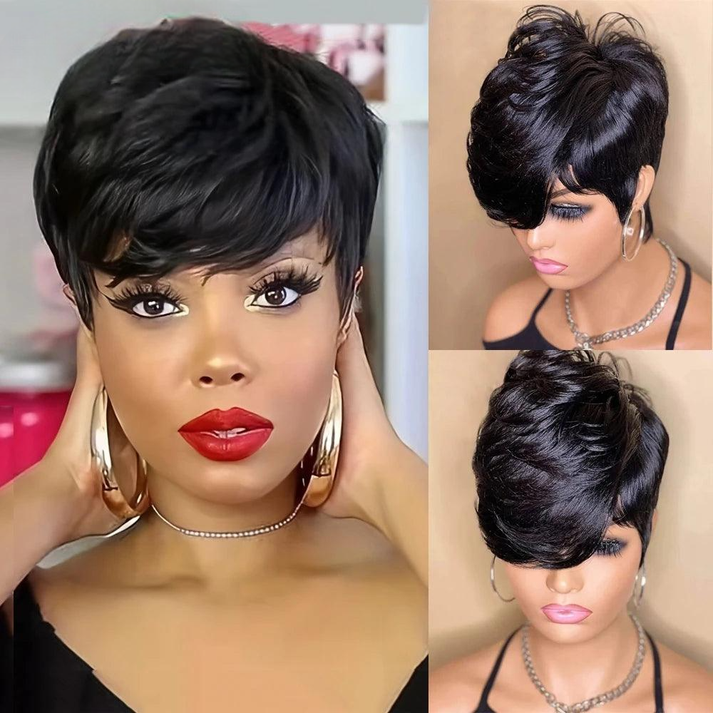 Black | Short Pixie | Cut Remy Human Hair | Wigs Ready To Wear Glueless | Straight | Bob Wig With Bangs - Womenesyé