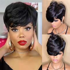 Black | Short Pixie | Cut Remy Human Hair | Wigs Ready To Wear Glueless | Straight | Bob Wig With Bangs - Womenesyé