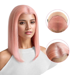 Light Pink | Colored Lace Frontal Wig | Short Pink | Straight Bob | Brazilian Remy | Human Hair | Lace Area 13X5 13X4 | Density: 150% 180% - Womenesyé