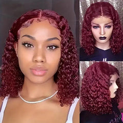 Red / Burgundy | Water Wave | Curly Bob Wig | HD Lace Front Wig | Human Hair | Wigs 99J Burgundy Short | Lace Area: 13X4 | Density: 180% - Womenesyé