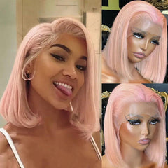 Light Pink | Colored Lace Frontal Wig | Short Pink | Straight Bob | Brazilian Remy | Human Hair | Lace Area 13X5 13X4 | Density: 150% 180% - Womenesyé