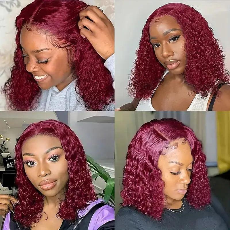 Red / Burgundy | Water Wave | Curly Bob Wig | HD Lace Front Wig | Human Hair | Wigs 99J Burgundy Short | Lace Area: 13X4 | Density: 180% - Womenesyé