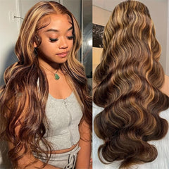 Honey Blonde | Highlight | Body Wave | Lace Front Wigs | 13x6x1 | T Part | Human Hair | Lace Area: 13X6 | Density: 250% - Womenesyé